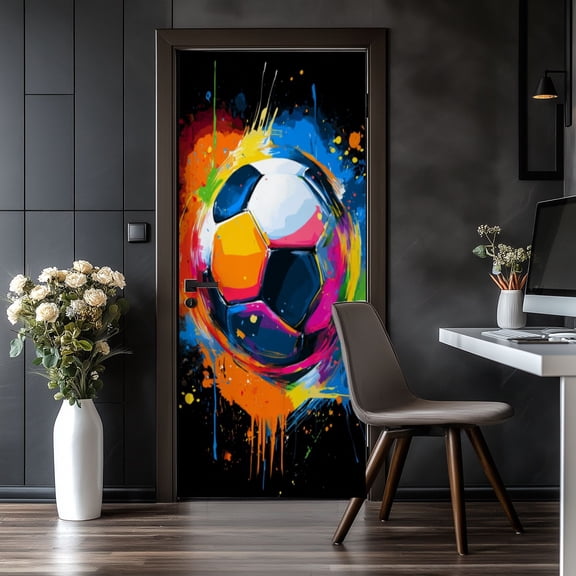 Door Stickers Peel and Stick Door Mural Football Posters Colorful Graffiti Sports Soccer Removable Wallpaper 30.3''x78.7'' Self-Adhesive Mural for Kitchen Living Room Bedroom Decor