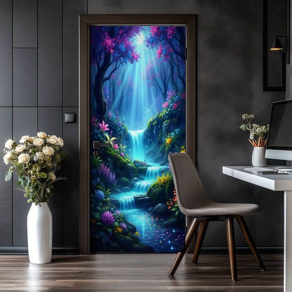 Door Stickers Peel and Stick Door Mural Forest Waterfall Magical Flowers Sunlight Fantasy Removable Wallpaper 30.3''x78.7'' Self-Adhesive Mural for Kitchen Living Room Bedroom Decor