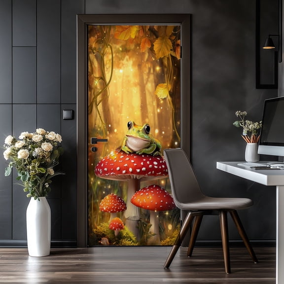 Door Stickers Peel and Stick Door Mural Funny Frog Red Mushroom Magical Forest Cartoon Art Removable Wallpaper 30.3''x78.7'' Self-Adhesive Mural for Kitchen Living Room Bedroom Decor