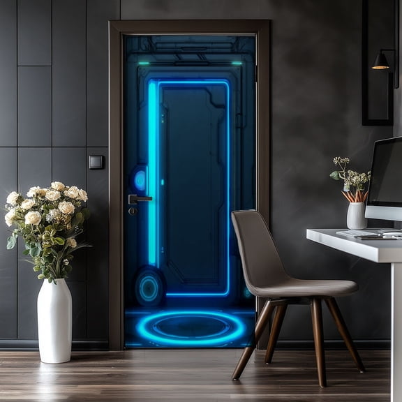 Door Stickers Peel and Stick Door Mural Futuristic Sci Fi Door Neon Blue Lights Removable Wallpaper 30.3''x78.7'' Self-Adhesive Mural for Kitchen Living Room Bedroom Decor
