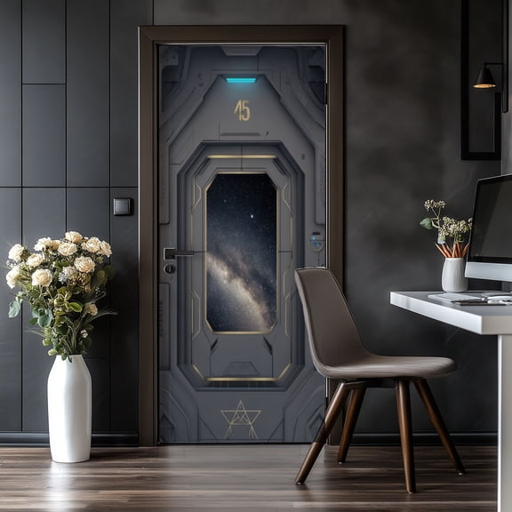 Door Stickers Peel and Stick Door Mural Futuristic Sci Fi Space Doors Geometric Cosmic Removable Wallpaper 30.3''x78.7'' Self-Adhesive Mural for Kitchen Living Room Bedroom Decor