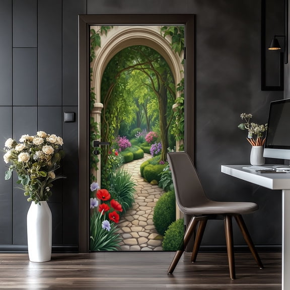 Door Stickers Peel and Stick Door Mural Garden Pathway Arched Stone Entrance Flowers Removable Wallpaper 30.3''x78.7'' Self-Adhesive Mural for Kitchen Living Room Bedroom Decor
