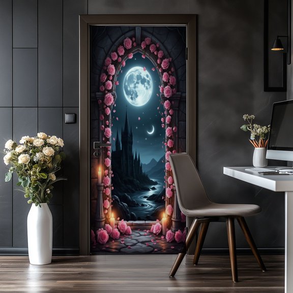 Door Stickers Peel and Stick Door Mural Gothic Castle Moonlight Flowing River Mystical Removable Wallpaper 30.3''x78.7'' Self-Adhesive Mural for Kitchen Living Room Bedroom Decor