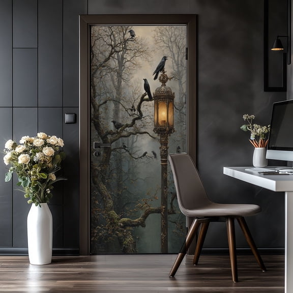 Door Stickers Peel and Stick Door Mural Gothic Vintage Dark Academia Horror Forest Crow Removable Wallpaper 30.3''x78.7'' Self-Adhesive Mural for Kitchen Living Room Bedroom Decor