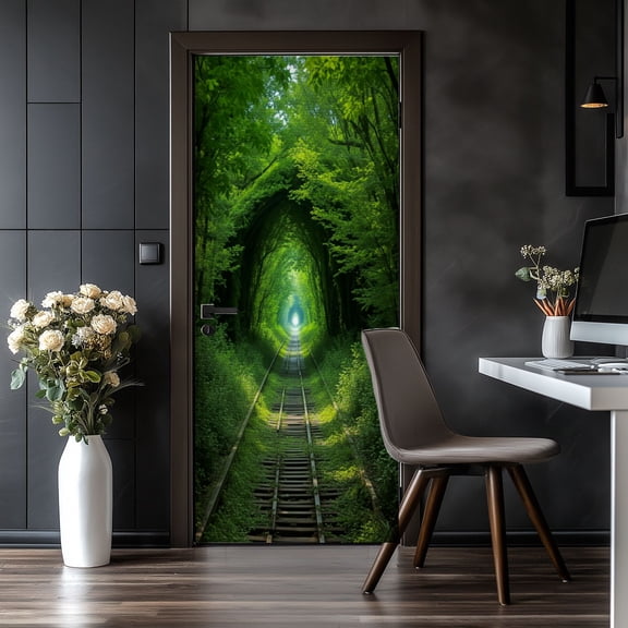 Door Stickers Peel and Stick Door Mural Green Forest Tunnel Sunlight Railway Tracks Removable Wallpaper 30.3''x78.7'' Self-Adhesive Mural for Kitchen Living Room Bedroom Decor
