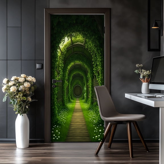 Door Stickers Peel and Stick Door Mural Green Ivy Tunnel Wooden Pathway Round Fantasy Removable Wallpaper 30.3''x78.7'' Self-Adhesive Mural for Kitchen Living Room Bedroom Decor
