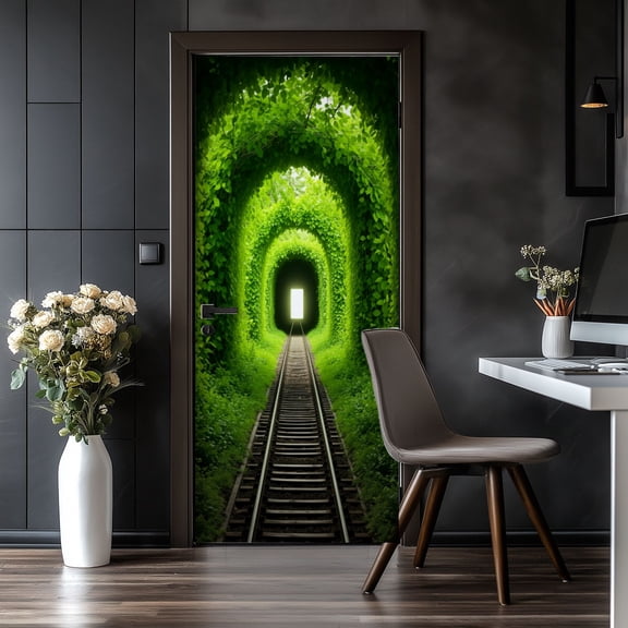 Door Stickers Peel and Stick Door Mural Green Tunnel Train Tracks Leading to Bright Light Removable Wallpaper 30.3''x78.7'' Self-Adhesive Mural for Kitchen Living Room Bedroom Decor
