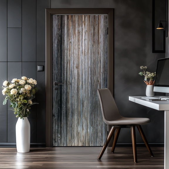 Door Stickers Peel and Stick Door Mural Grey barn wooden wall planking hardwood dark Removable Wallpaper 30.3''x78.7'' Self-Adhesive Mural for Kitchen Living Room Bedroom Decor