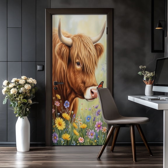 Door Stickers Peel and Stick Door Mural Highland Cow Home Decor Butterfly Nose Wildflower Removable Wallpaper 30.3''x78.7'' Self-Adhesive Mural for Kitchen Living Room Bedroom Decor