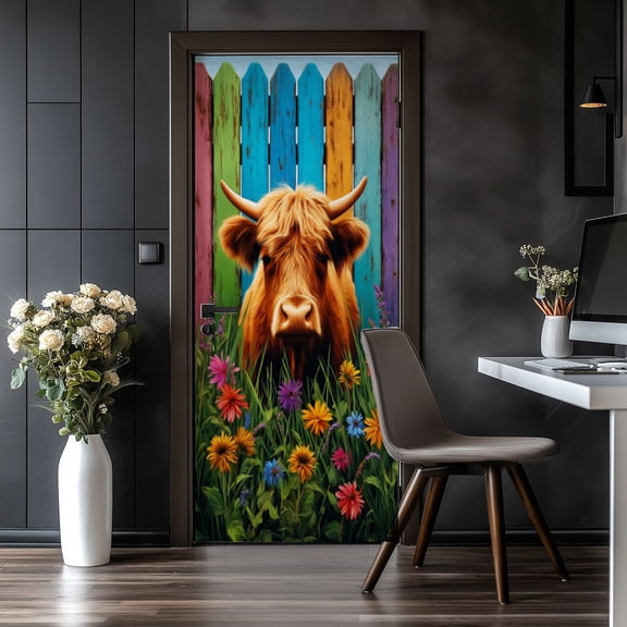 Door Stickers Peel and Stick Door Mural Highland Cow Rustic Brown Farm Watercolor Fluffy Removable Wallpaper 30.3''x78.7'' Self-Adhesive Mural for Kitchen Living Room Bedroom Decor