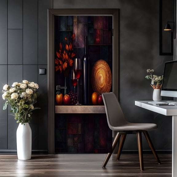 Door Stickers Peel and Stick Door Mural Home Bar Wine Glass Barbecue Corner Wine Bottle Removable Wallpaper 30.3''x78.7'' Self-Adhesive Mural for Kitchen Living Room Bedroom Decor