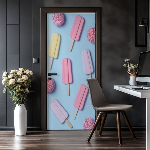 Door Stickers Peel and Stick Door Mural Ice cream stick Minimal summer Removable Wallpaper 30.3''x78.7'' Self-Adhesive Mural for Kitchen Living Room Bedroom Decor