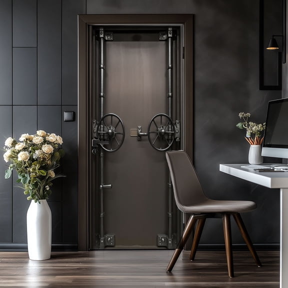 Door Stickers Peel and Stick Door Mural Industrial Vault Doors Dual Wheel Handles Steel Removable Wallpaper 30.3''x78.7'' Self-Adhesive Mural for Kitchen Living Room Bedroom Decor