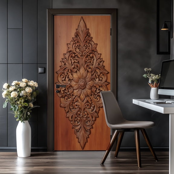 Door Stickers Peel and Stick Door Mural Intricate Floral Wood Carving Design Elegant Swirls Removable Wallpaper 30.3''x78.7'' Self-Adhesive Mural for Kitchen Living Room Bedroom Decor