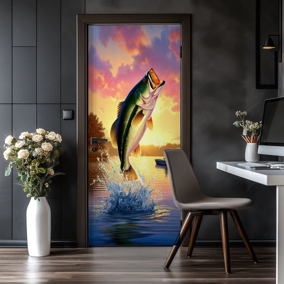 Door Stickers Peel and Stick Door Mural Jumping Bass Fish Scenic Sunset Lake Fisherman Boat Removable Wallpaper 30.3''x78.7'' Self-Adhesive Mural for Kitchen Living Room Bedroom Decor