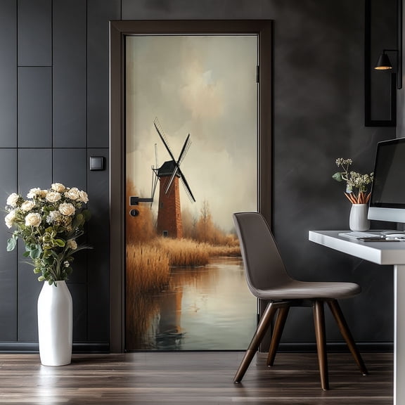 Door Stickers Peel and Stick Door Mural Landscape Holland Windmill Country Farmhouse Rustic Removable Wallpaper 30.3''x78.7'' Self-Adhesive Mural for Kitchen Living Room Bedroom Decor