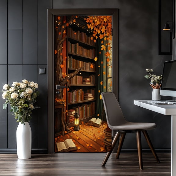 Door Stickers Peel and Stick Door Mural Library Bookshelf Falling Leaves Bookworm Gifts Removable Wallpaper 30.3''x78.7'' Self-Adhesive Mural for Kitchen Living Room Bedroom Decor