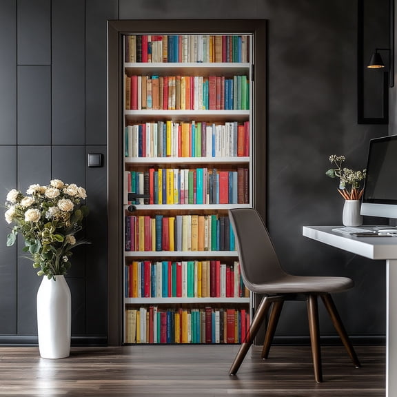 Door Stickers Peel and Stick Door Mural Library shelves multi colored books Bookshelf Book Removable Wallpaper 30.3''x78.7'' Self-Adhesive Mural for Kitchen Living Room Bedroom Decor
