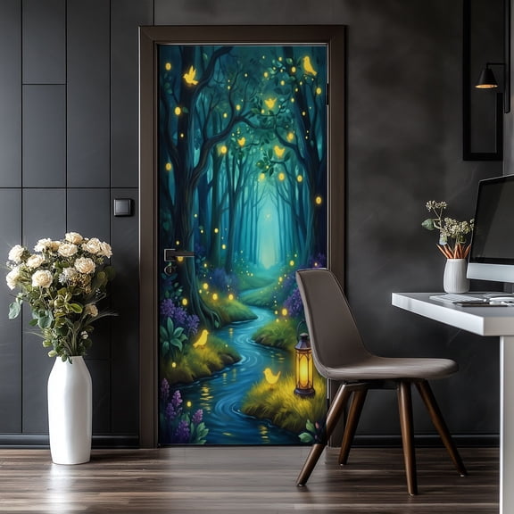 Door Stickers Peel and Stick Door Mural Magical Forest Fireflies Birds Lanterns Fantasy Removable Wallpaper 30.3''x78.7'' Self-Adhesive Mural for Kitchen Living Room Bedroom Decor
