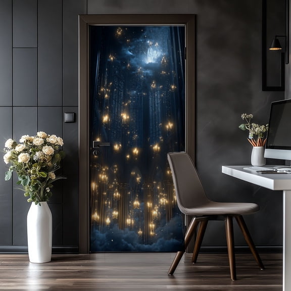 Door Stickers Peel and Stick Door Mural Magical Gothic Cathedral Floating Candles Sky moonlight Removable Wallpaper 30.3''x78.7'' Self-Adhesive Mural for Kitchen Living Room Bedroom Decor