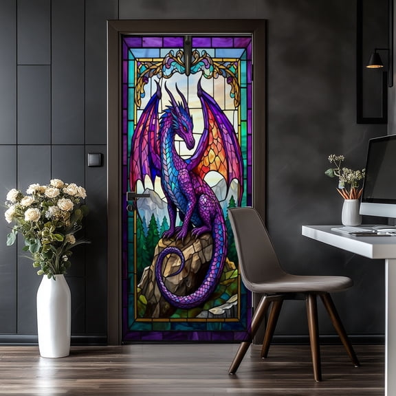 Door Stickers Peel and Stick Door Mural Magical Purple Dragon Stained Glass Vibrant Wings Removable Wallpaper 30.3''x78.7'' Self-Adhesive Mural for Kitchen Living Room Bedroom Decor