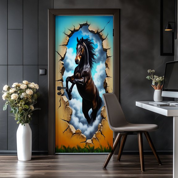 Door Stickers Peel and Stick Door Mural Majestic Black Horse Breaking Cloudy Sky Dynamic Removable Wallpaper 30.3''x78.7'' Self-Adhesive Mural for Kitchen Living Room Bedroom Decor