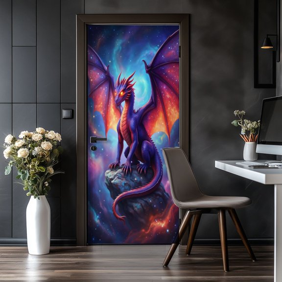 Door Stickers Peel and Stick Door Mural Majestic Cosmic Dragon Glowing Eyes Galaxy Magical Removable Wallpaper 30.3''x78.7'' Self-Adhesive Mural for Kitchen Living Room Bedroom Decor