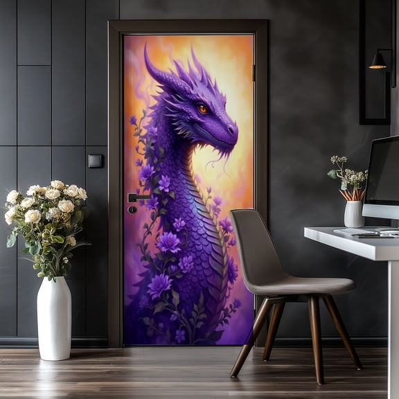 Door Stickers Peel and Stick Door Mural Majestic Purple Dragon Magical Fantasy Mythical Removable Wallpaper 30.3''x78.7'' Self-Adhesive Mural for Kitchen Living Room Bedroom Decor