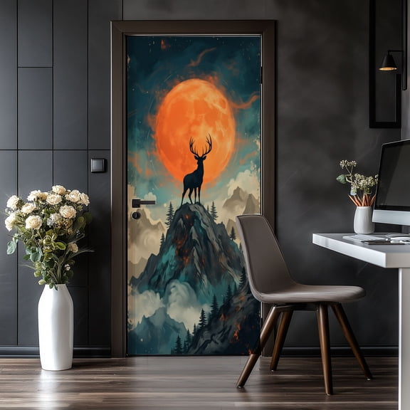 Door Stickers Peel and Stick Door Mural Majestic Stag Silhouette Mountain Peak Giant Orange Removable Wallpaper 30.3''x78.7'' Self-Adhesive Mural for Kitchen Living Room Bedroom Decor