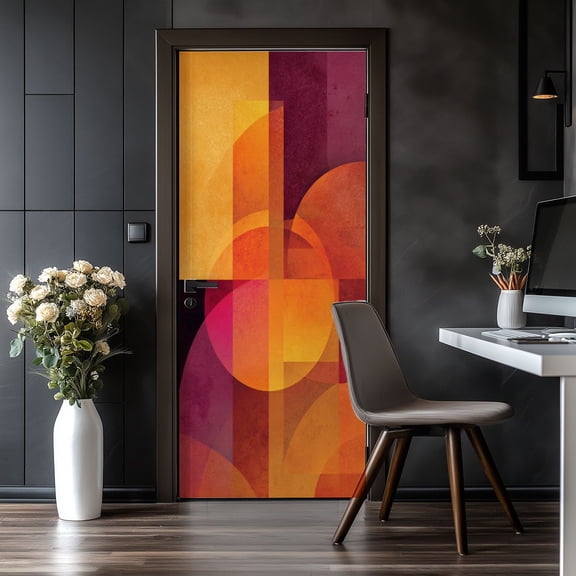 Door Stickers Peel and Stick Door Mural Mid century orange colors Geometric circle shapes Removable Wallpaper 30.3''x78.7'' Self-Adhesive Mural for Kitchen Living Room Bedroom Decor