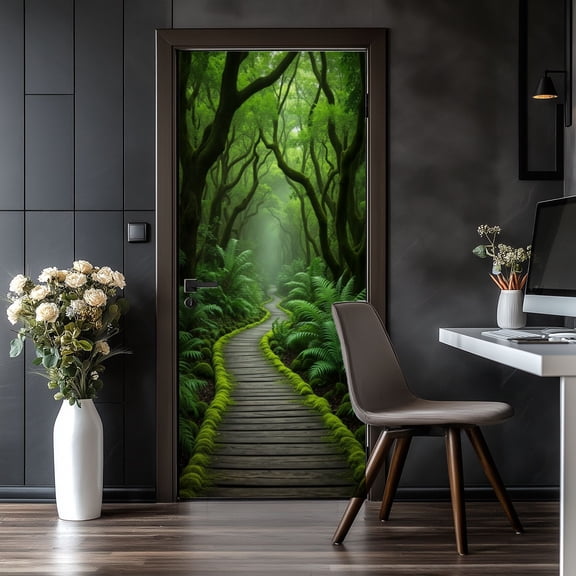 Door Stickers Peel and Stick Door Mural Misty Forest Green Ferns Moss Trees Woodland Removable Wallpaper 30.3''x78.7'' Self-Adhesive Mural for Kitchen Living Room Bedroom Decor