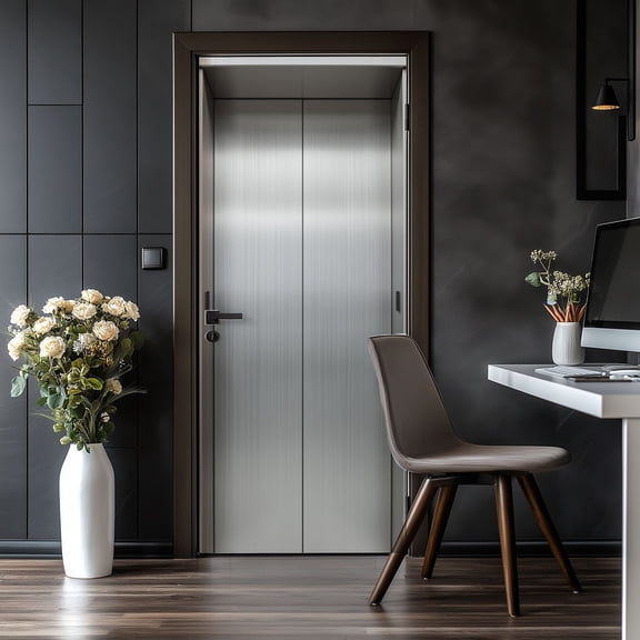 Door Stickers Peel and Stick Door Mural Modern Stainless Steel Elevator Doors Minimalist Removable Wallpaper 30.3''x78.7'' Self-Adhesive Mural for Kitchen Living Room Bedroom Decor