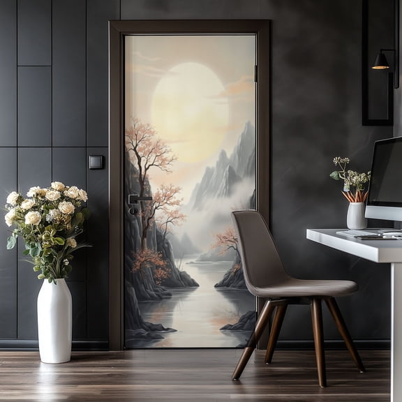 Door Stickers Peel and Stick Door Mural Mountain Landscape Cherry Blossom Trees Rustic Removable Wallpaper 30.3''x78.7'' Self-Adhesive Mural for Kitchen Living Room Bedroom Decor