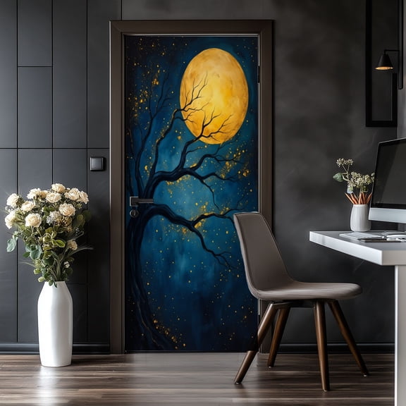 Door Stickers Peel and Stick Door Mural Mysterious Tree Full Yellow Moon Starry Sky Rustic Removable Wallpaper 30.3''x78.7'' Self-Adhesive Mural for Kitchen Living Room Bedroom Decor