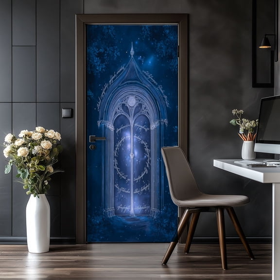 Door Stickers Peel and Stick Door Mural Mystical Glowing Doorway Elvish Script Tree Fantasy Removable Wallpaper 30.3''x78.7'' Self-Adhesive Mural for Kitchen Living Room Bedroom Decor