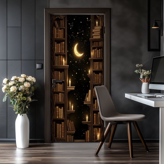 Door Stickers Peel and Stick Door Mural Mystical Night Library Floating Candles Crescent Moon Removable Wallpaper 30.3''x78.7'' Self-Adhesive Mural for Kitchen Living Room Bedroom Decor