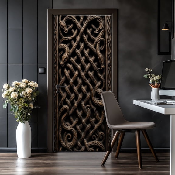 Door Stickers Peel and Stick Door Mural Norse Wood Carving Knotwork Removable Wallpaper 30.3''x78.7'' Self-Adhesive Mural for Kitchen Living Room Bedroom Decor