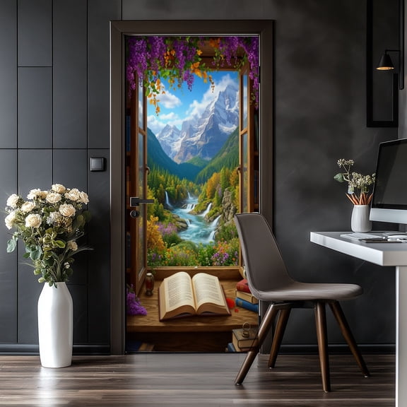 Door Stickers Peel and Stick Door Mural Open Window View Majestic Snowy Mountains Bookworm Removable Wallpaper 30.3''x78.7'' Self-Adhesive Mural for Kitchen Living Room Bedroom Decor