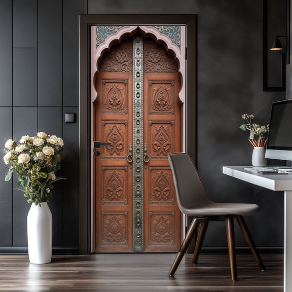 Door Stickers Peel and Stick Door Mural Ornate Carved Wooden Double Doors Moorish Arch Removable Wallpaper 30.3''x78.7'' Self-Adhesive Mural for Kitchen Living Room Bedroom Decor