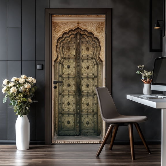 Door Stickers Peel and Stick Door Mural Ornate Golden Indian Doors Carved Details Removable Wallpaper 30.3''x78.7'' Self-Adhesive Mural for Kitchen Living Room Bedroom Decor