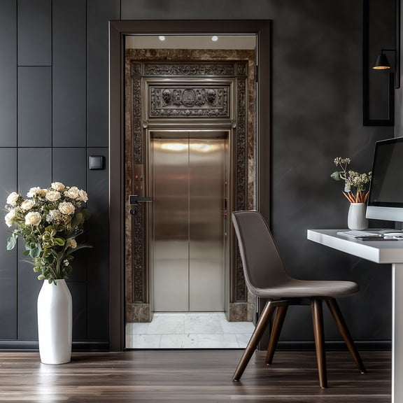 Door Stickers Peel and Stick Door Mural Ornate Vintage Elevator Carved Bronze Marble Removable Wallpaper 30.3''x78.7'' Self-Adhesive Mural for Kitchen Living Room Bedroom Decor