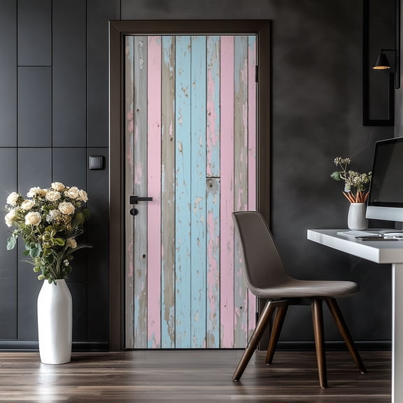Door Stickers Peel and Stick Door Mural Pastel Distressed Wooden Planks Peeling Paint Pink Removable Wallpaper 30.3''x78.7'' Self-Adhesive Mural for Kitchen Living Room Bedroom Decor