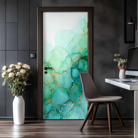 Door Stickers Peel and Stick Door Mural Pastel cyan mint liquid marble watercolor Removable Wallpaper 30.3''x78.7'' Self-Adhesive Mural for Kitchen Living Room Bedroom Decor