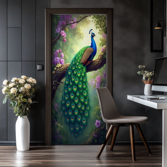 Door Stickers Peel and Stick Door Mural Peacock Elegant Watercolor Abstract Animal Aesthetic Removable Wallpaper 30.3''x78.7'' Self-Adhesive Mural for Kitchen Living Room Bedroom Decor
