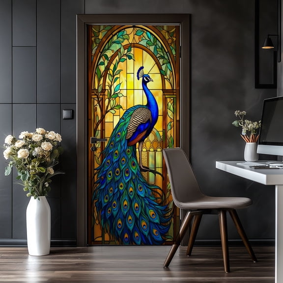 Door Stickers Peel and Stick Door Mural Peacock Modern Peacock Elaborate Plumage Archway Removable Wallpaper 30.3''x78.7'' Self-Adhesive Mural for Kitchen Living Room Bedroom Decor