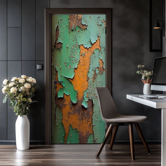 Door Stickers Peel and Stick Door Mural Peeling Green Orange Paint Rustic Vintage Removable Wallpaper 30.3''x78.7'' Self-Adhesive Mural for Kitchen Living Room Bedroom Decor