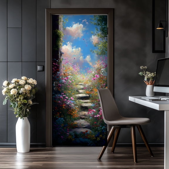 Door Stickers Peel and Stick Door Mural Pink Blue Orange Wildflower Peaceful Serene Removable Wallpaper 30.3''x78.7'' Self-Adhesive Mural for Kitchen Living Room Bedroom Decor