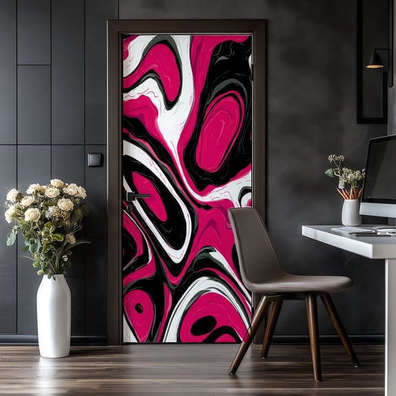 Door Stickers Peel and Stick Door Mural Psychedelic liquid cells swirl flowing waves Black Removable Wallpaper 30.3''x78.7'' Self-Adhesive Mural for Kitchen Living Room Bedroom Decor