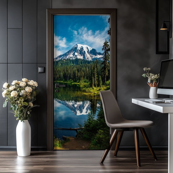 Door Stickers Peel and Stick Door Mural Rainier from Reflection Lakes Mountain Northwest Removable Wallpaper 30.3''x78.7'' Self-Adhesive Mural for Kitchen Living Room Bedroom Decor