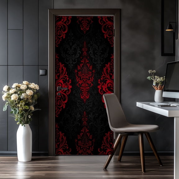 Door Stickers Peel and Stick Door Mural Red Black Ornate Damask Floral Vintage Victorian Removable Wallpaper 30.3''x78.7'' Self-Adhesive Mural for Kitchen Living Room Bedroom Decor